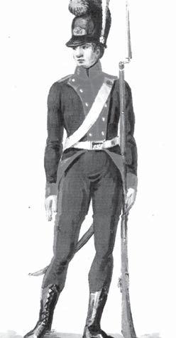 This example has yellow regimental facings; the shoulder straps and triangular frontal skirt turnbacks might be either solid facing colour, or as here dark blue edged with facing colour.