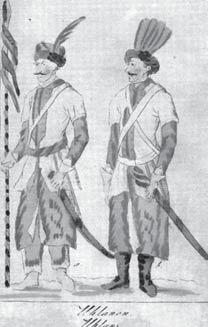 Poniewiez, Szczucin (1794). In 1776 85 the towarzycz had a red kuczma with black band and red plume, and a red sash. The pocztowy had a black kolpak with red plume and bag.