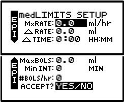 E P I m e d L I M I T S S e t u p S c r e e n a. MxRATE (Maximum Rate) limits: Use the numeric keys to enter the upper limits of the infusion rate.