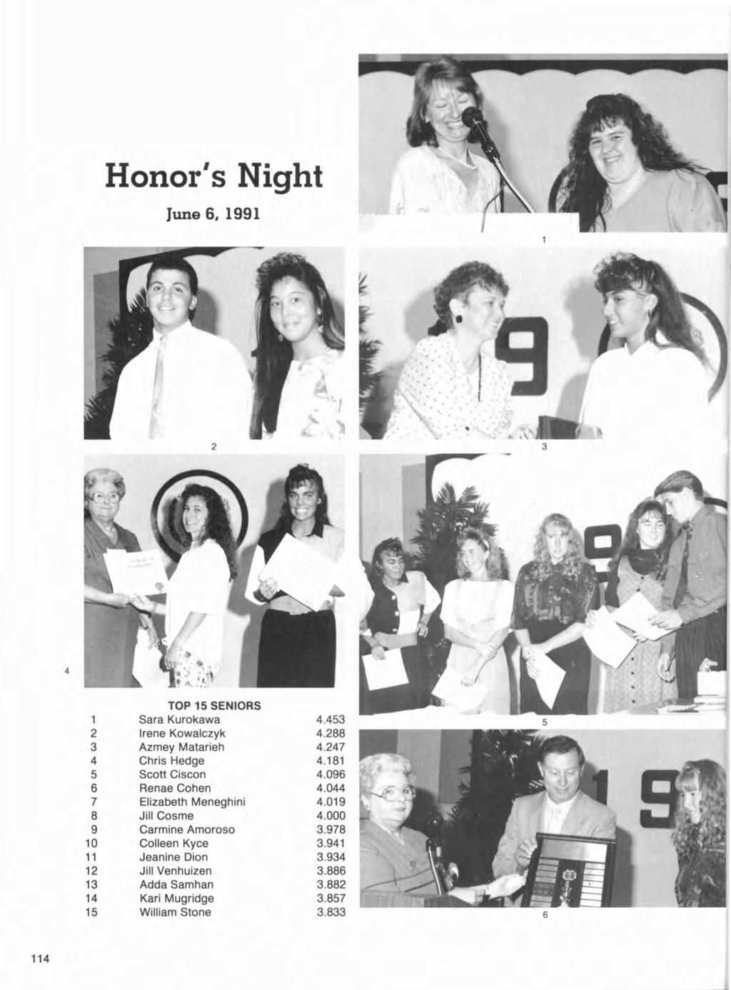 Honor's Night June 6, 1991 2 3 4 TOP 15 SENIORS 1 Sara Kurokawa 4.453 2 Irene Kowalczyk 4.288 3 Azmey Matarieh 4.247 4 Chris Hedge 4.181 5 Scott Ciscon 4.096 6 Renae Cohen 4.