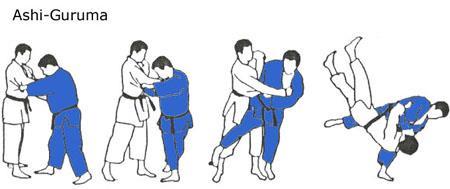 Ashi Guruma "Leg Wheel" 1. Break balance by stepping forward with left foot, forcing opponent to step back with their right foot. 2.