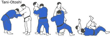 Tani Otoshi "Valley Drop" 1. Break opponent backward while stepping your left foot behind their right, so they cannot step backwards. 2.