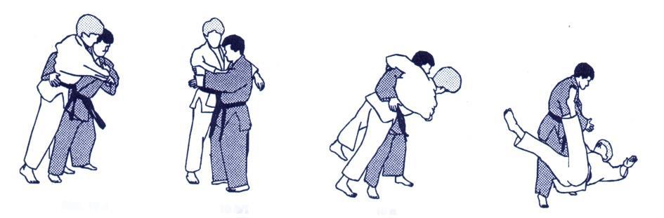 Uki Goshi "Floating Hip Throw" 1. Begin in Right Natural Stance 2. Step in close with right foot, pulling opponent toward you. 3. Wrap right hand around opponent's back, grabbing their belt. 4.
