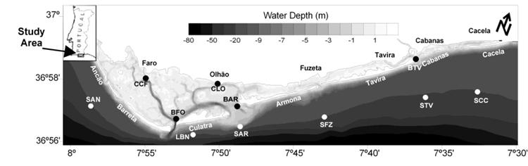 Numerical modeling of Ria Formosa tidal dynamics Figure 1. Location of the Ria Formosa lagoon, with the representation (circles) of the stations used to calibrate and validate the numerical model.