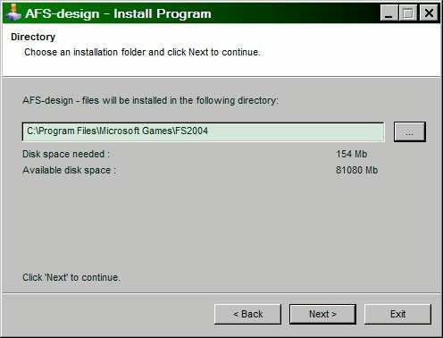 Installation for FS2004 1. For FS2004 download the AFS- -FS9.exe to a temporary directory of your choice. 2. Please start the AFS- -FS9.exe and install. 3. Set in.