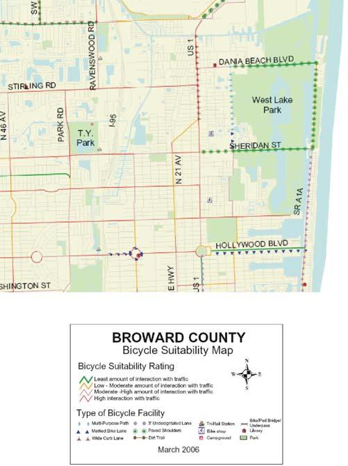 2 Hartwig H. Hochmair and Jennifer Fu Fig. 1: Bicycle suitability map showing the amount of interaction with car traffic, and type of bicycle facilities (source: Broward County MPO).