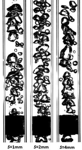 108 Figure 3.14: High-speed camera images of the flow generated by three bubbles breakers at the same flow conditions (ReSG=40 and ReSL=1150).