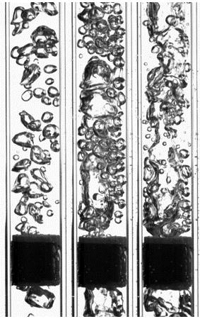 55 Figure 2.13: Images of Two-Phase flow after passing through a bubble breaker (S=2mm, H=25mm, L/Dbb=1). From left to right the images show bubbly flow (QL=0.63 LPM, QG=0.5 LPM, GLR=0.