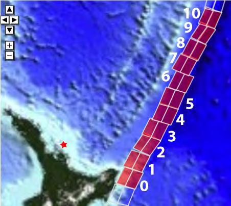 Figure 4: Fault segments along the Hikurangi/Tonga-Kermadec Trench likely to affect the east coast of the Coromandel (Red Star) Mercury Bay