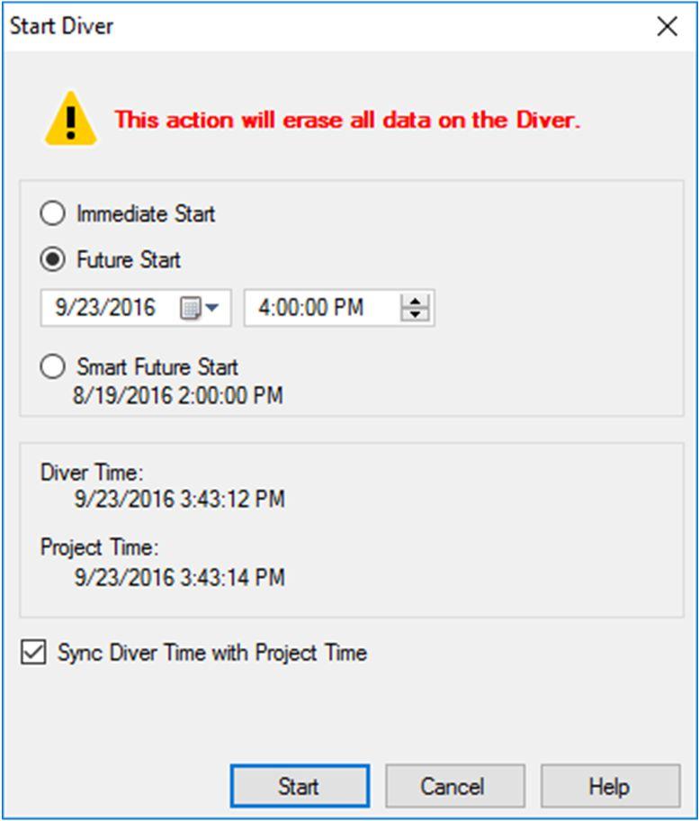 to start the Diver at a specified time in the future. Use the date and time boxes to enter the desired future start time.