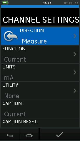 Figure 2-13 Channel Settings Menu III. Setup a channel for measurement DIRECTION selects Source or measure for the selected function. FUNCTION selects the function required. (E.g.: Current or Voltage).