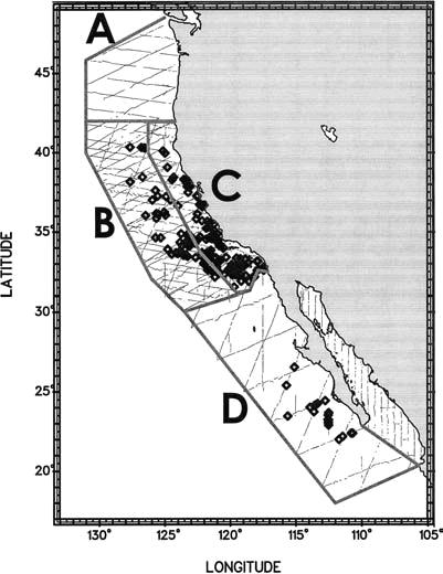 Figure 3. Line-transect survey lines and sightings of blue whales, 1991 1996.