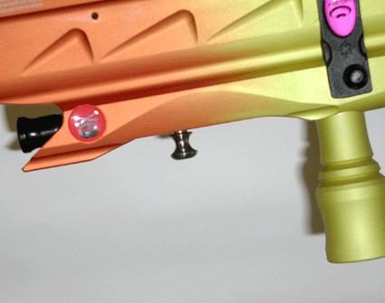 Paintballs feed into the Nasty Impulse receiver upper chamber of the Impulse body via a vertical feed hopper adapter. The front of the upper chamber is threaded to accept Impulse specific barrels.