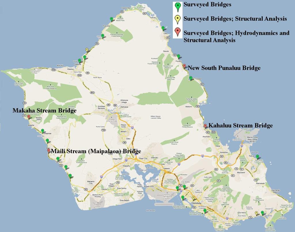 3 Selected Bridges On the Island of Oahu, the hydrodynamic analysis of wave-induced forces on the deck of coastal bridges is performed for four selected bridges which are Kahaluu Stream Bridge, New