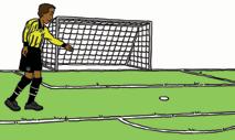 PENALTY KICK Referee Whistles to stop play Points clearly to the penalty mark and, unless needed elsewhere for game control purposes, moves to the edge of the penalty area near the goal line to