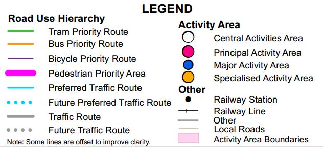 The SmartRoads map, reproduced in Figure 4, identifies the priority modes on each arterial road in the vicinity of the site, and indicates that