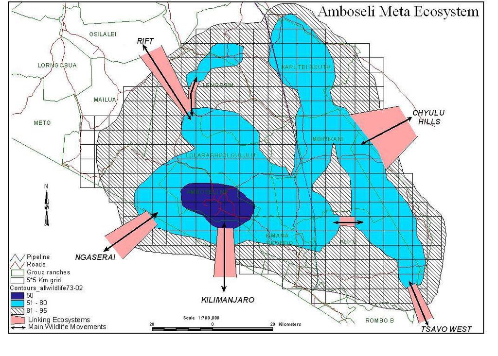 Figure 5.3: Amboseli-Tsavo/Chyulu hills-athi-kapiti plains ecosystems inter-connectivity. Source: Amboseli Ecosystem Management Plan (2008-2011). 5.5.4 Ecological conditions of dispersal areas These are areas outside protected areas utilized by wildlife species during certain periods of the year.