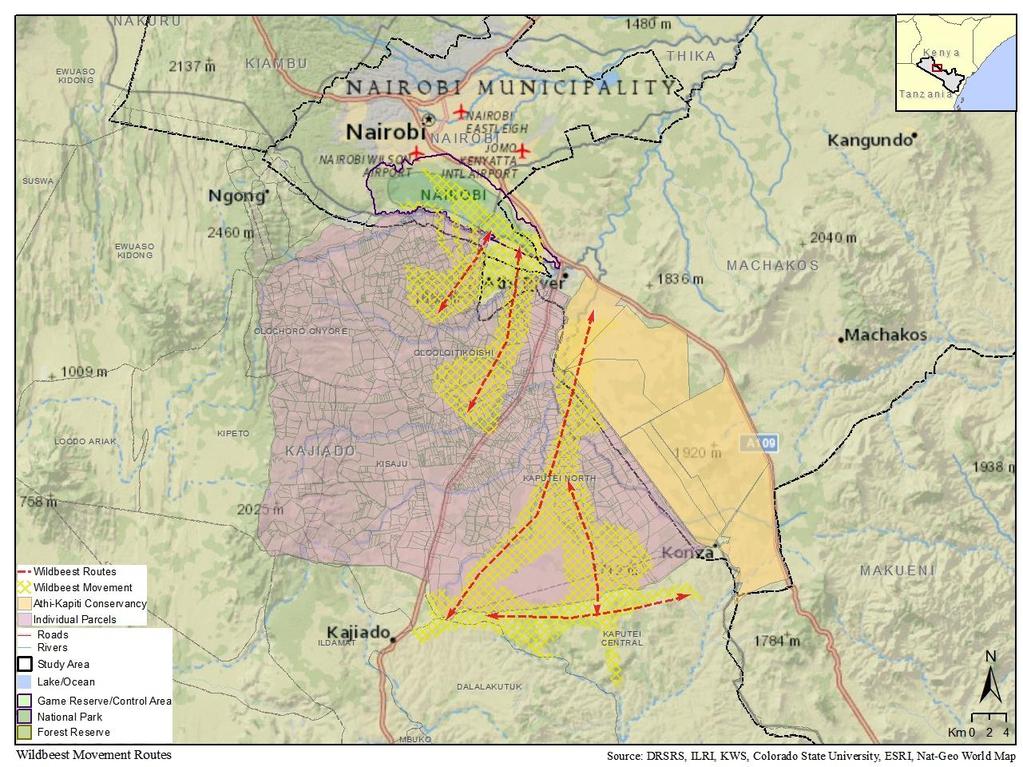 Figure 3.3: Athi-Kapiti plains ecosystem and wildlife movement routes. Source: DRSRS, ILRI, KWS, Colorado University, ESRI, Nat-Geo World Map. 3.1.