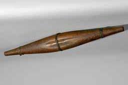 Item number: Fry0129 Item Number: Fry0129 Category: Bailer Period: 1850-1875 Materials: Cedar and cord Description: Kayak bailers, such as this, were made from split cedar logs, hollowed and then the
