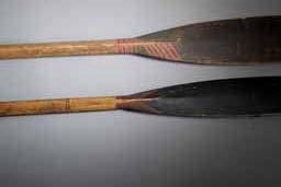 Item number: Fry0147 Item Number: Fry0147 Category: Paddle Period: 1850-1875 Materials: Wood and paint pigment Description: Narrow bladed Aleut kayak paddles, nicely decorated with black and reddish
