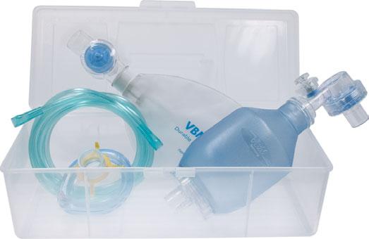 Resuscitation Bag Sets Complete Sets, supplied in a rigid transparent carrying case Child - 500 ml Resuscitation Bag - Air Cushion Face Mask # 3 - Reservoir Bag 1800 ml - Reservoir Valve -2 m O 2