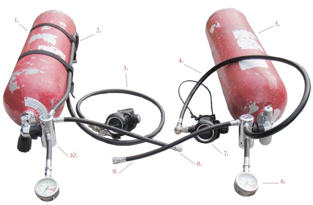 how to "rig" your cylinders 1. Right side cylinder 2. Elastic tank bungee 3. 7 ft. low pressure hose w/bolt snap, connected to primary 2nd stage 4. 30 in.