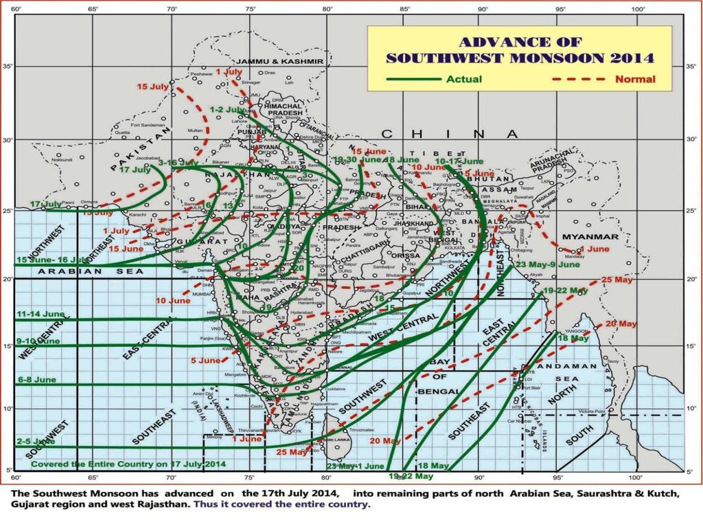 . CHIEF SYNOPTIC FEATURES: Fig.: Isochrones of advance of Monsoon 4 Strong cross equatorial flow prevailed during y and August.