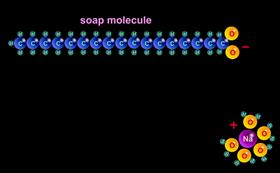 The micelles trap bits of oily dirt while the polar ends of the soap molecules keep the micelles suspended in water. When water drains down the sink, it carries the micelles of grease with it.