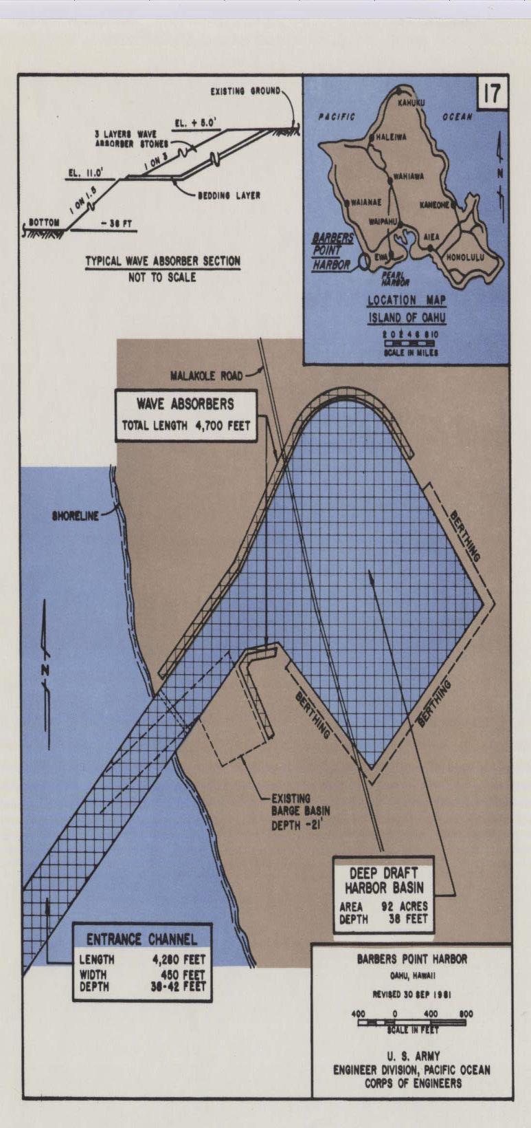 to 650 feet over the last 200 feet, and 38 feet deep) ; a 92-acre inshore basin (38 feet deep); and, 4,600 feet of wave absorber structures.