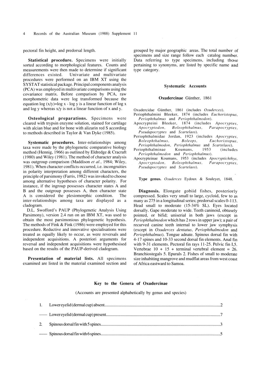 4 Records of the Australian Museum (1988) Supplement II pectoral fin height, and predorsal length. Statistical procedure. Specimens were initially sorted according to morphological features.