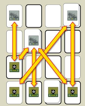 46 Line of Sight Examples Stacked cards are hills. Black outlines are dark-bordered cards.