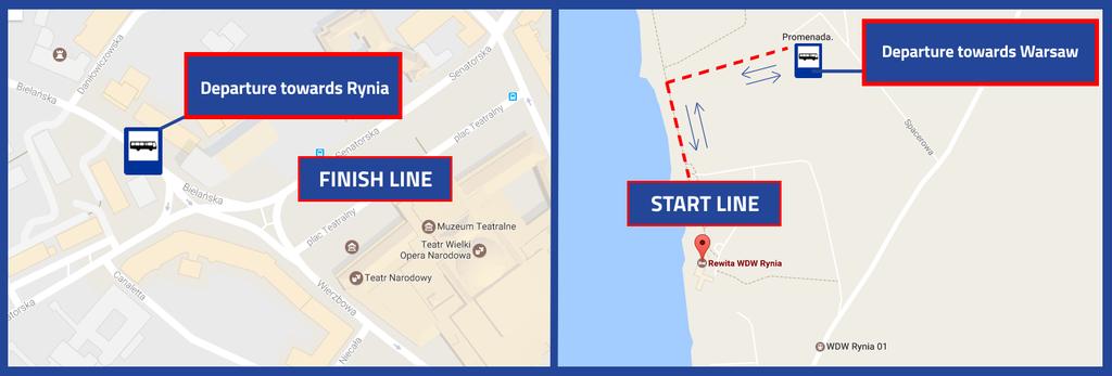 There will be a special, free shuttle bus service running from Teatralny Square (bus stop located at ul. Bielańska) to Start Zone and Transition Zone T1.