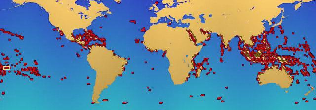 Coral Reef Distribution Tropical & Subtropical Latitudes (0-30º N&S) Sea surface temp.