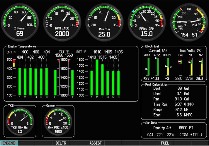 With this option installed, the MFD engine page displays the Oxygen Bottle Pressure (high pressure)