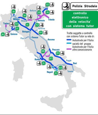 Case Italy Implementation of Section Control (TUTOR) System introduced in 2006 A total of 320 P2P speed camera sites, covering 2900 km of MV
