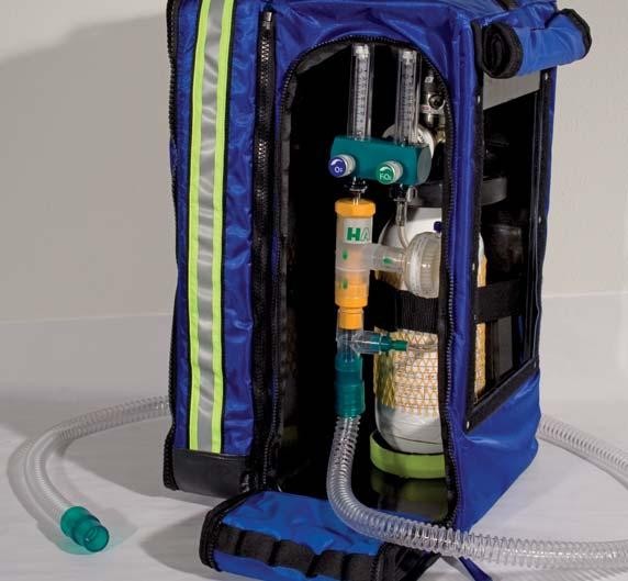 Portable Emergency System Usable also with Boussignac* Valve and Portable Ventilators In order to administer therapy with mask or helmet without using a power source we developed a backpack that