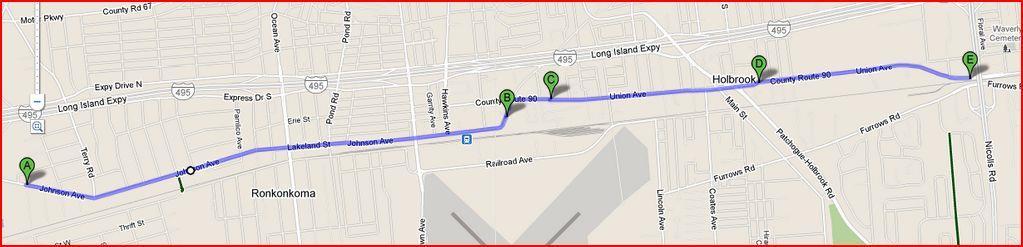 Key detail: Section follows Suffolk County bike route, pass by Ronkonkoma train station.