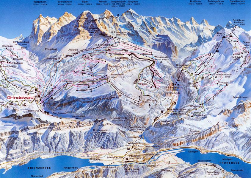 Part of the Verbier ski area with 410km of pistes for all abilities Winter The Jungfrau lift pass covers Wengen, Grindelwald, and Murren with a total of 213 km of pistes up to 2970m.