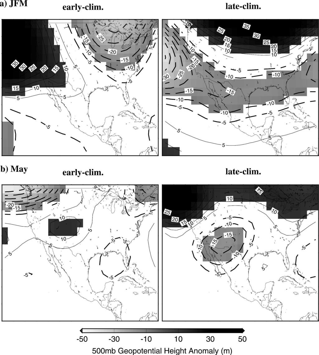 1MAY 2007 Z H U E T A L. 1789 FIG. 18. The Z500 anomaly maps in extreme early and late monsoon years for (a) winter (JFM) and (b) May for 1950 99. Shaded area is 10 m (dark) or 10 m (gray).