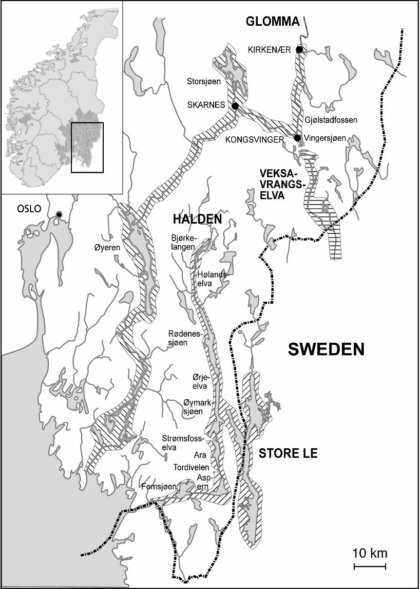 Bull. Fr. Pêche Piscic. (4) 7-7 : 5-8 8 Figure Map showing the four crayfish plague-affected watercourses in Norway.