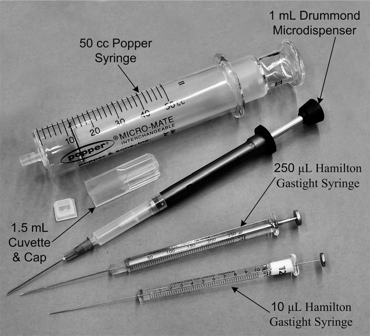 127 Figure 3.18: Syringes and cuvette used in the bioassay. Syringes used for liquid sample collection are gastight high performance 10 ml syringes (Figure 3.18) from Hamilton (model 1701).