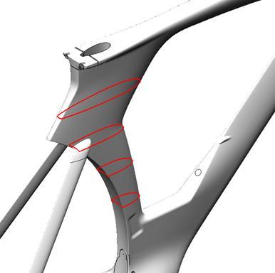 Figure 16 TrueAero TM cross sections in the P5 s seat tube aero zone, illustrating a series of truncated foils in the lower skin surface (for the rear tire) and different truncated foils in seat