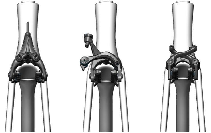 Figure 22 The P5 forks accept any modern road brake that mounts on the traditional center bolt. Left to right: Magura, side pull and center pull.