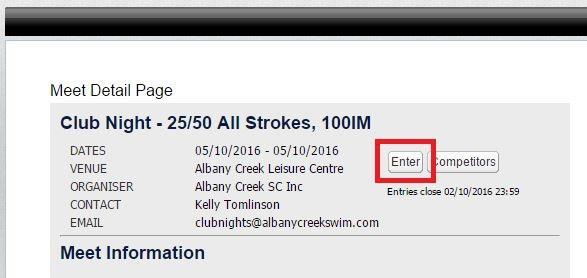 The Meet Detail Page displays. Click on the Enter button. 3. Log in using the swimmers My Lane Username and Password.