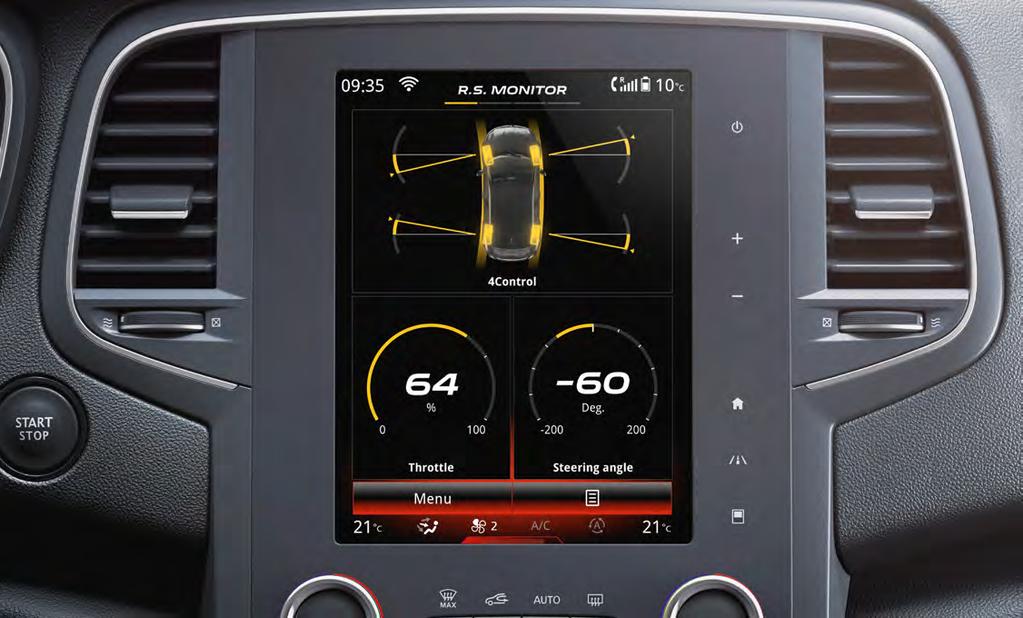 Available on the Clio R.S., Mégane GT and the New Mégane R.S., it provides an unprecedented experience for all driving styles. R.S. Monitor Featuring a completely revised, more user-friendly layout and offering extended functionalities, the telemetry and data acquisition system R.