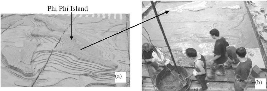 Fig. 6 (a) Model of Phi Phi Island, (b) Submerged portion of the model being covered with a layer of concrete (Model of the island fixed within a 6m!6m!0.3m steel tank).