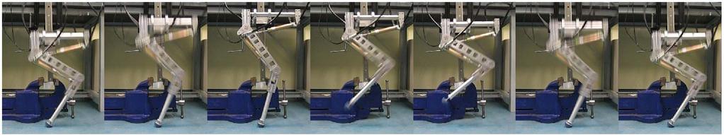Fig. 10. Picture sequence of the HyQ Leg prototype clamped to the vertical slider test bench, performing a vertical jump motion. Time between two frames: 0.16 seconds.