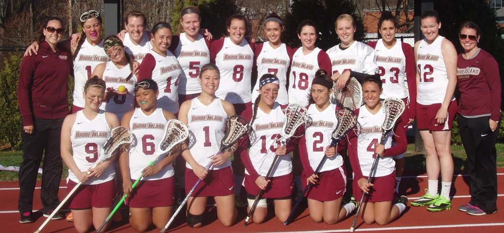 The 2014 Rhode Island College Women's Lacrosse Team Front Row (left to right): Harmony Tillison, Cassy Arines, Sophie Kanno, Ashley Appel, Charissa Champagne, Marissa Pina.