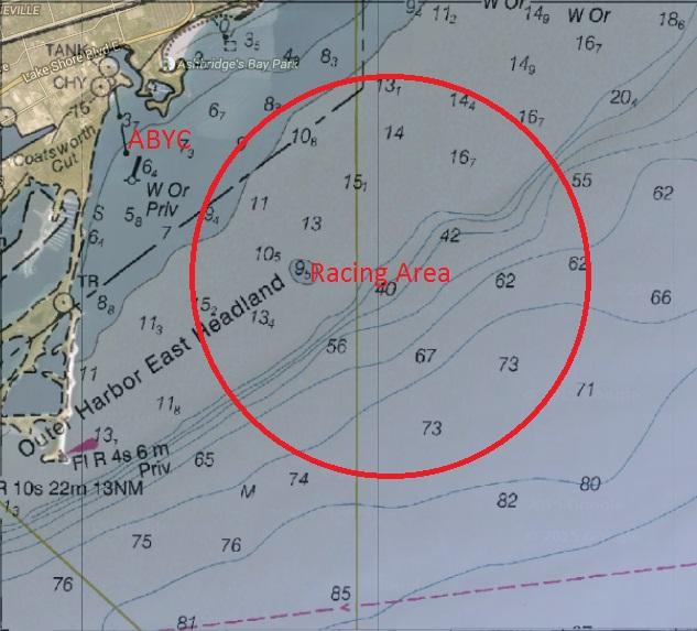 Appendix II - RACING AREA LOCATION The racing area is centered approximately 1 NM SE of ABYC s harbor entrance, at N43º38.2, W 79º16.5.