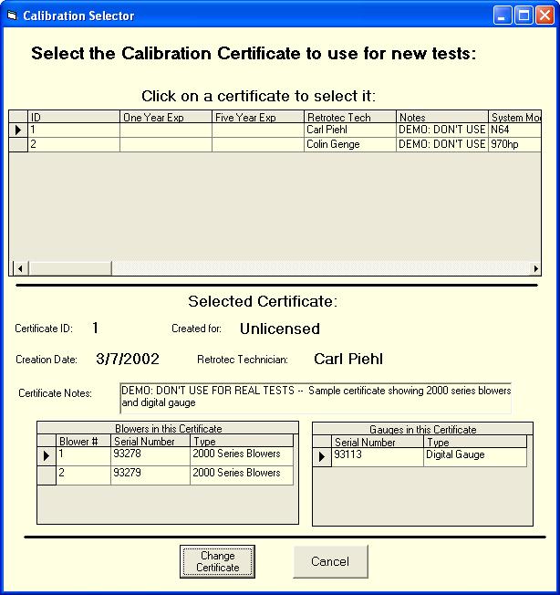 being used and that are available. Import New: allows you to bring in new calibration certificates sent from Retrotec.